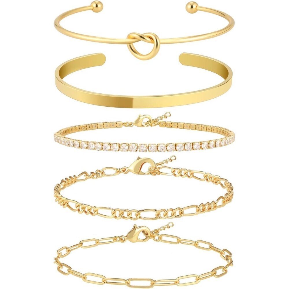 14K Real Gold-D Plated Bangle Cuff Non Tarnish Trendy Stack Bracelets for Women